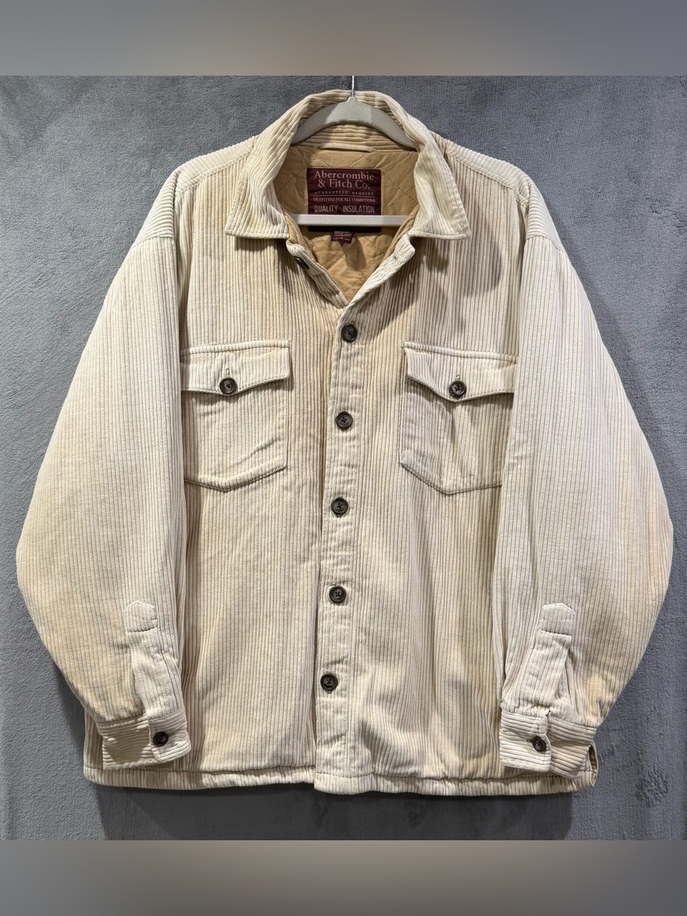 VTG 90s Abercrombie & Fitch Corduroy Khaki Chore Jacket Quilted Lined Size L